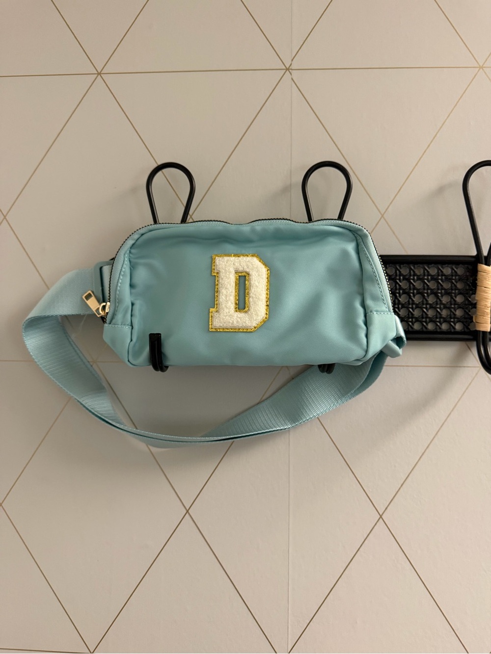 Light Blue Initial D Waist Fanny Pack Belt Bag Chenille Letter Patch Gold